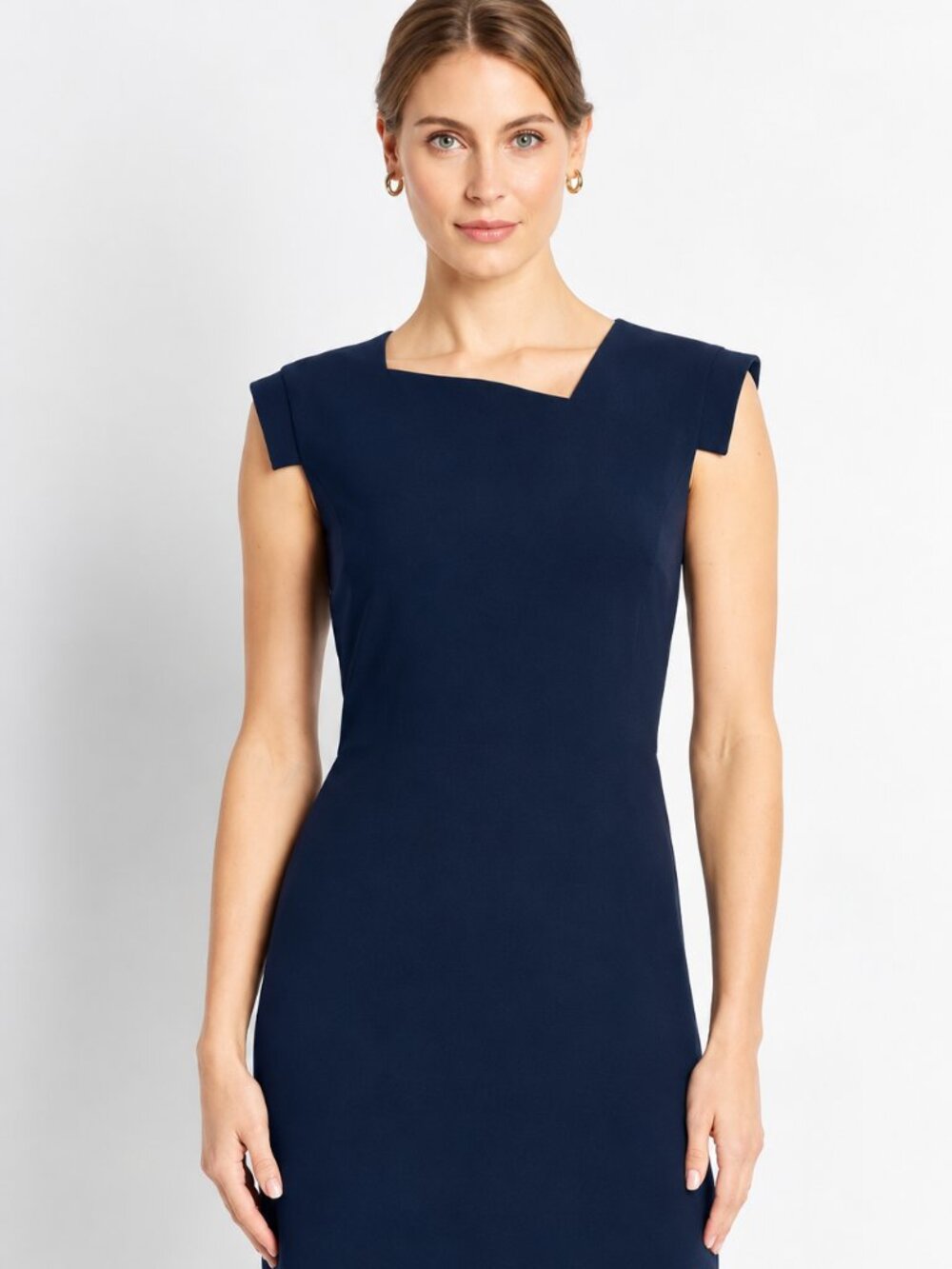 Of Mercer Carlisle Navy Blue Asymmetric Neckline Sheath Dress NWT